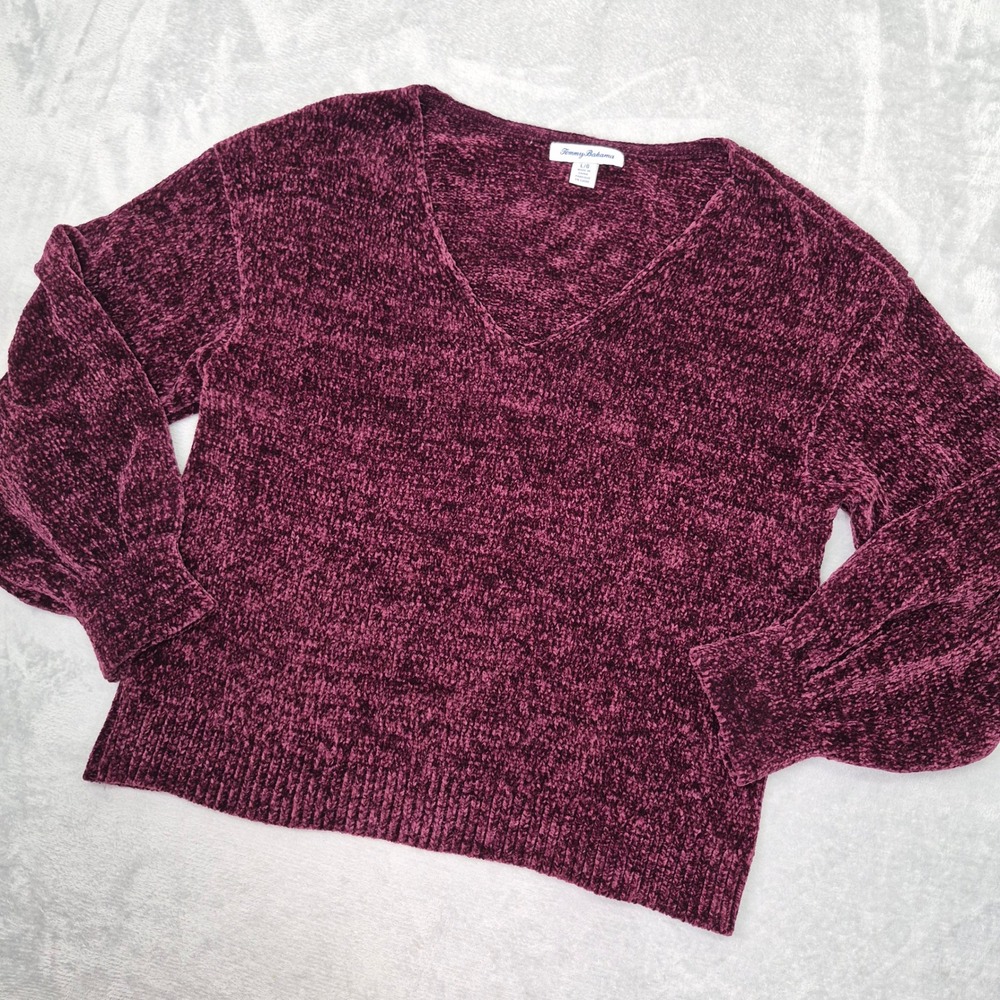 Tommy Bahama Womens Chenille V-Neck Sweater Burgundy‎ Wine Knit Pullover Large